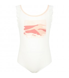 Ivory swimsuit for girl with logo