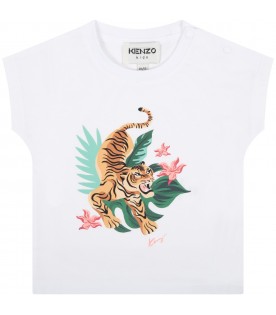 T-shirt bianca per neonata con tigre e fiori