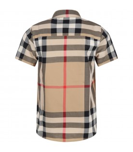 Beige shirt for boy with vintage checks