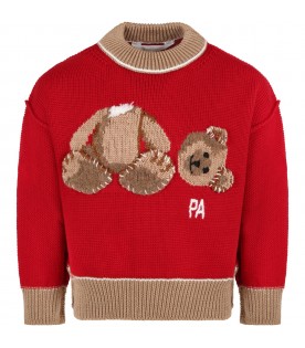 Maglione rosso per bambini con orso e logo