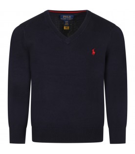 Blue sweater for boy with V neck and red pony