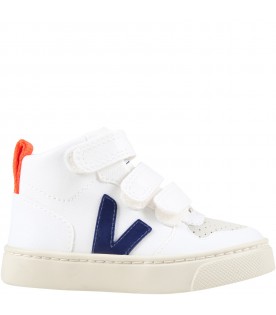 White sneakers for kids with blue logo