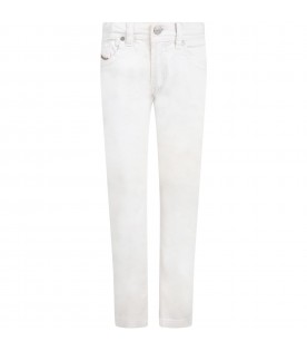 Jeans avorio per bambini con logo bianco