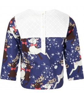 Blue blouse for girl with reindeer and stars
