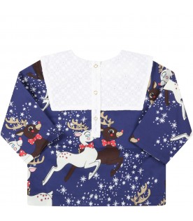Blue blouse for baby girl with reindeer and stars