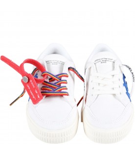White sneakers for kids with red zip tye