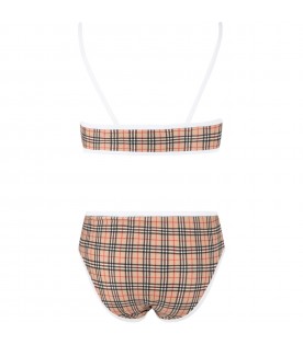 Beige bikini for girl with iconic vintage check