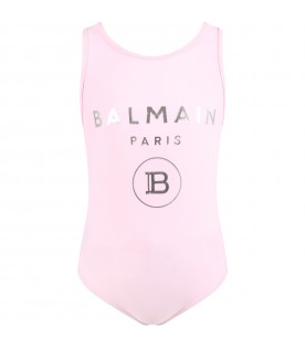 Pink swimsuit for girl with logo