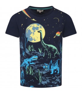 T-shirt blu per bambino con dinosauri e logo