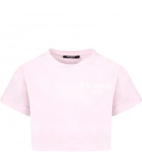 T-shirt rosa corta per bambina con logo bianco in velluto