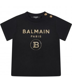 T-shirt nera per neonati con doppio logo dorato