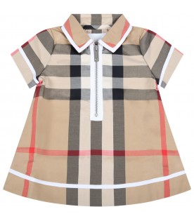 Beige dress for baby girl with iconic checks