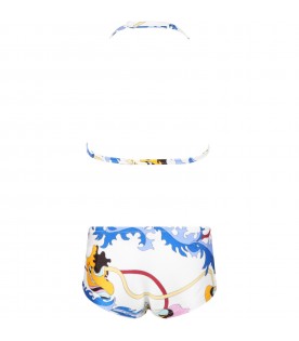 White bikini for girl with colorful prints