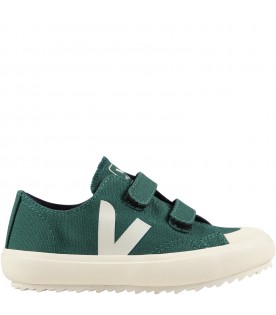 Green sneakers for kids with ivory logo