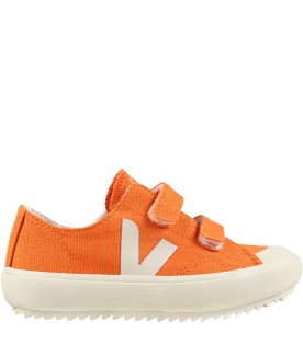 Orange sneakers for kids with ivory logo