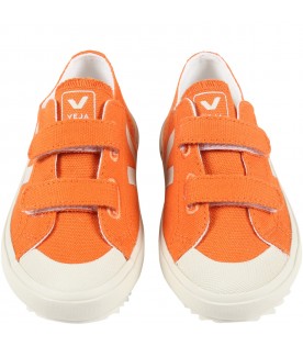 Orange sneakers for kids with ivory logo