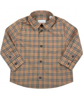 Beige shirt for baby boy with vintage checks