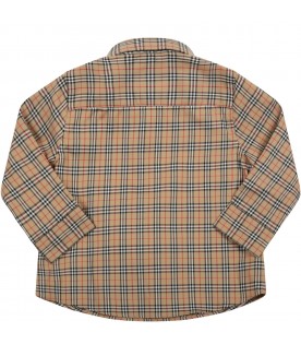 Beige shirt for baby boy with vintage checks