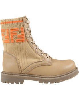 Beige boots for kids with double orange FF