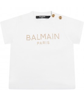 White T-shirt for baby girl with golden logo