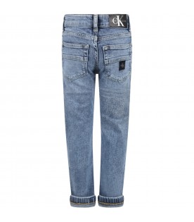 Light-blue jeans for boy with black patch logo