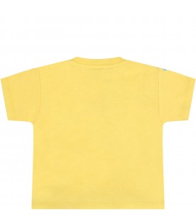 Yellow T-shirt for babykids with flowers, cats and logo