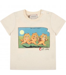 Beige T-shirt for babykids with cats and logo