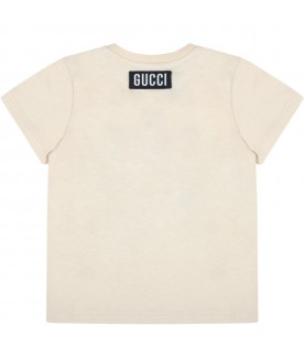 Beige T-shirt for babykids with cats and logo
