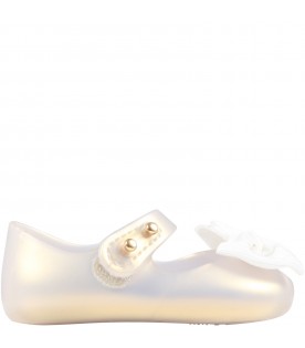 White ballerina flats for baby girl with bow