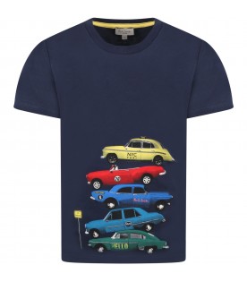 T-shirt blu per bambino con macchine