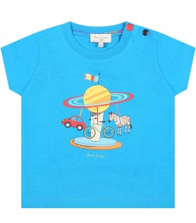 Light-blue t-shirt for baby boy with iconic prints