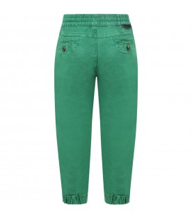 Green trousers for kids with black patch logo