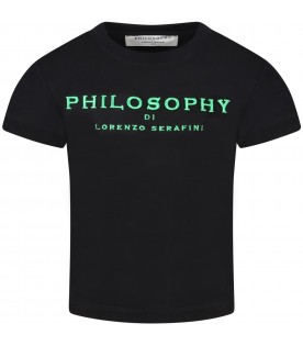 T-shirt nera per bambina con logo verde