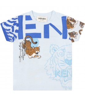 Light-blue T-shirt for baby boy with tiger and blue logo