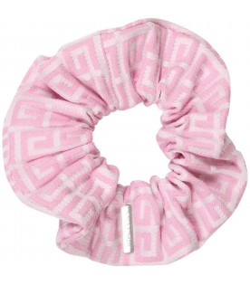 Pink scrunchie for girl with metallic logo patch