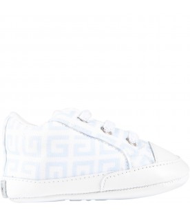 White sneakers for baby boy with light blue logo