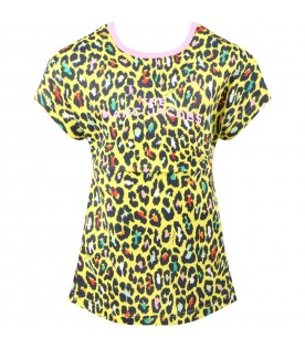 Yellow dress for girl with animalier print and pink logo