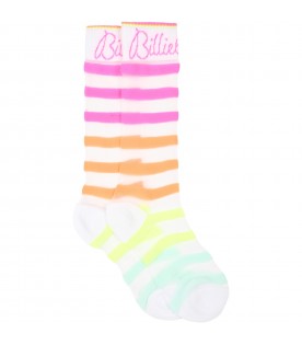 Multicolor socks for girl with fuchsia logo