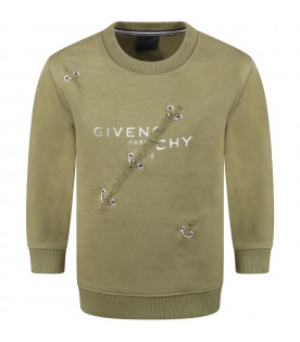 Green sweatshirt for boy with studs and gray logo