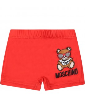 Red swimsuit for baby boy with teddy bear