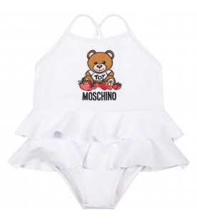 White swimsuit for baby girl with teddy bear