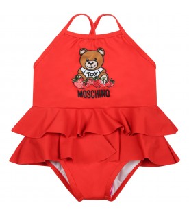 Red swimsuit for baby girl with teddy bear
