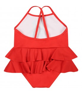 Red swimsuit for baby girl with teddy bear