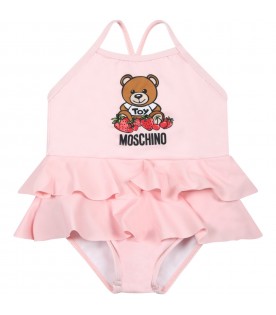 Costume rosa da bagno per neonata con teddy bear