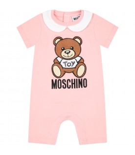 Pink romper for baby girl with teddy bear