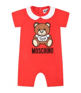 Red romper for baby kids with teddy bear