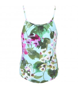 Light-blue swimsuit for girl with cowbellflowers