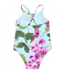 Light-blue swimsuit for baby girl with cowbellflowers