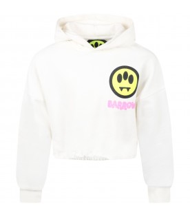 Ivory sweatshirt for girl witch smiley face and fuchsia logo