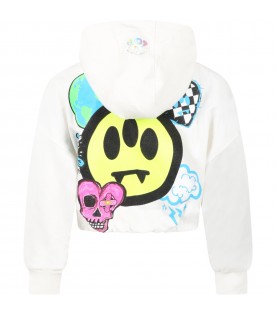 Ivory sweatshirt for girl witch smiley face and fuchsia logo